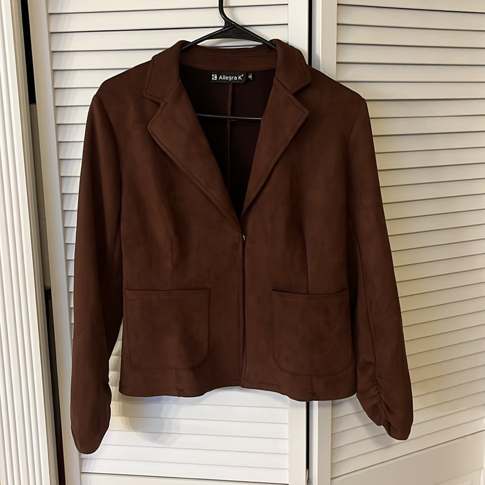 Women's Long Sleeve Casual Open Front Drawstring Faux Suede Blazer - Picture 3 of 12